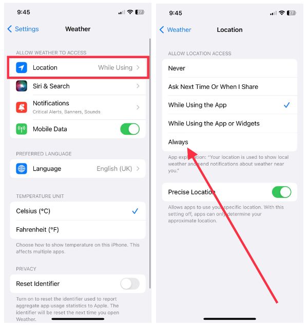 Check Location Access for Weather app