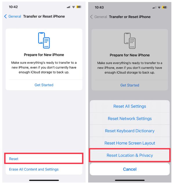 Reset Location and Privacy