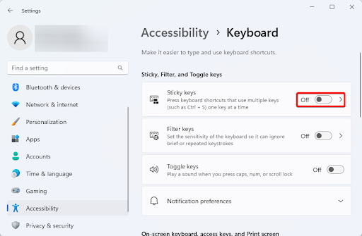 Toggle off Sticky keys