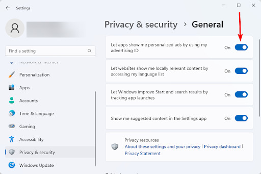 Turn off Ads in Windows 11