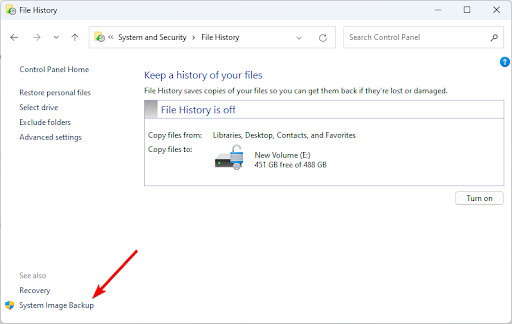 On the lower left corner, click System Image Backup