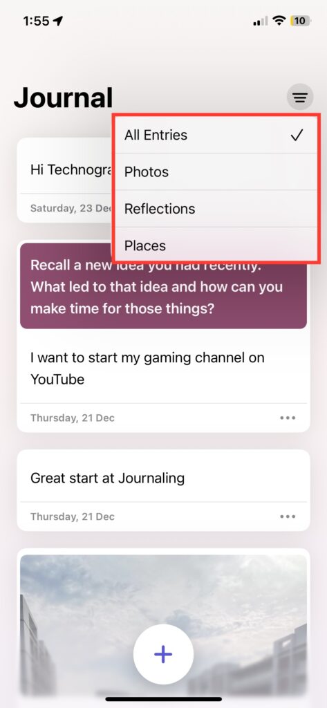 Sort Journal Entries by Images, Locations, and Text