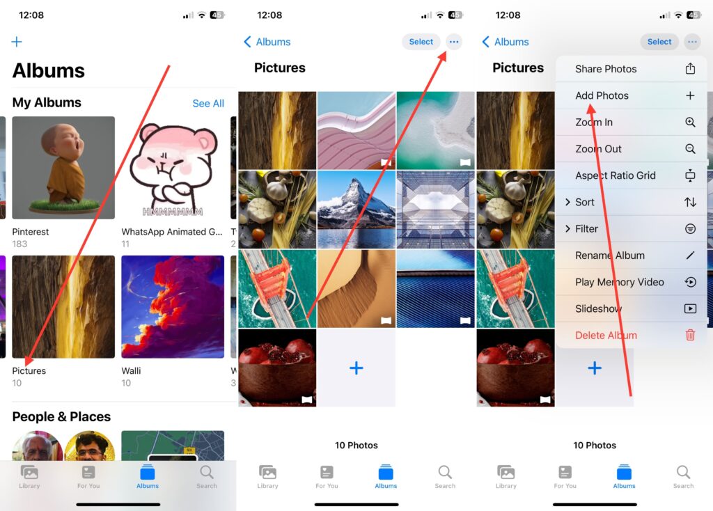 To add photos to an existing album