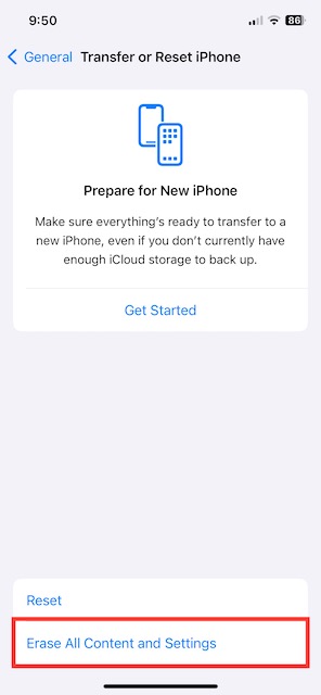erase all content & settings on iPhone