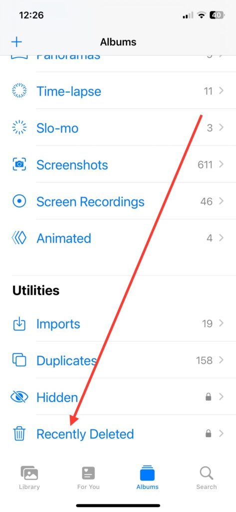 tap the Recently Deleted folder