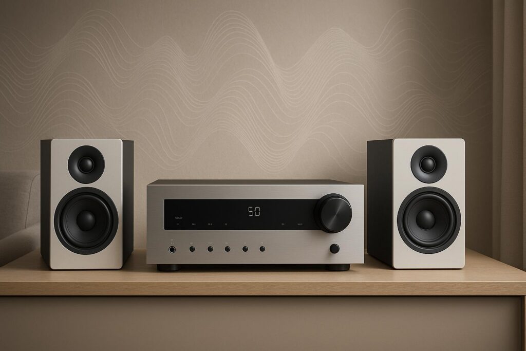 Passive stereo speakers connected to an integrated amplifier for a traditional hi-fi system.