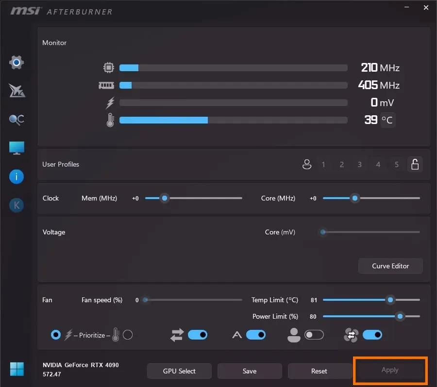 MSI Afterburner controls for GPU overclocking
